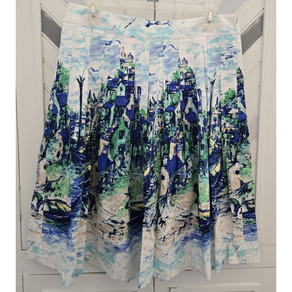 Talbots Women's 6 Blue Green Watercolor Venice Boats City A-Line Pleated Skirt - Picture 1 of 12